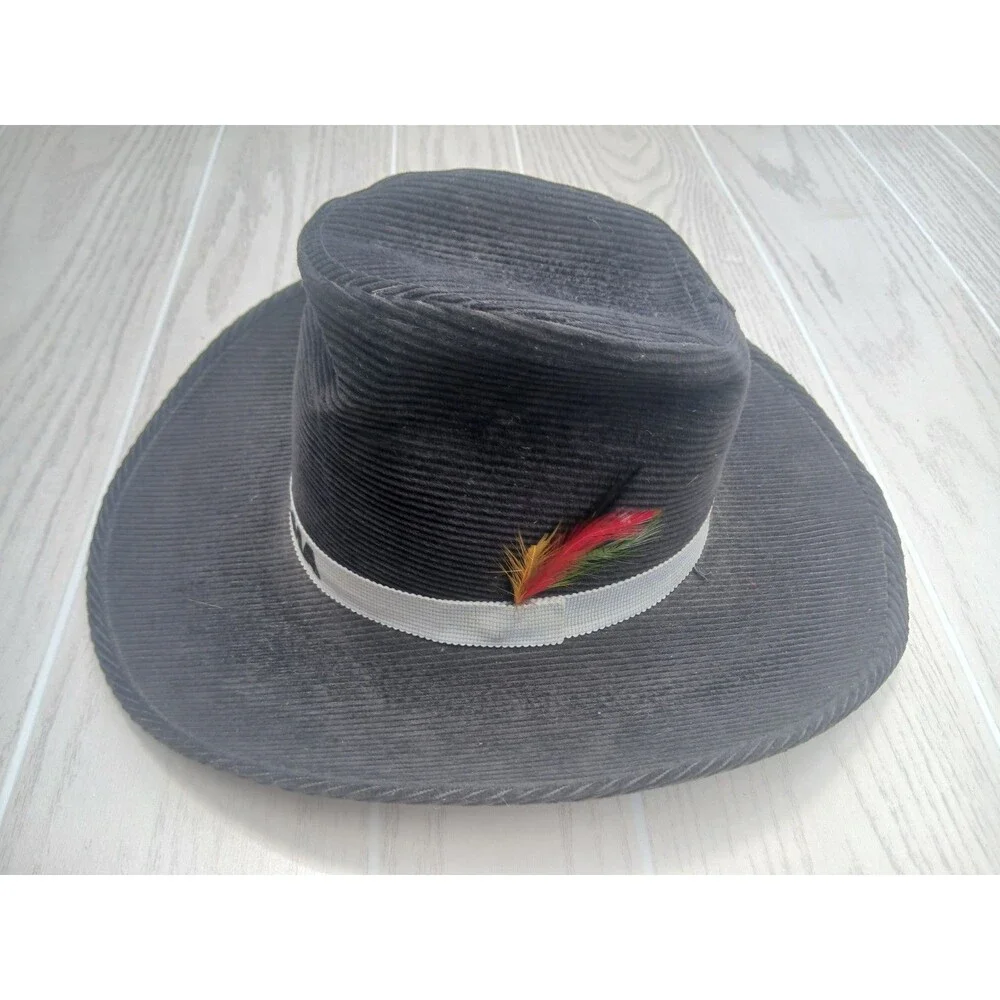 Vintage Yamaha Black Corduroy Cowboy Hat Feather Band- Size Small